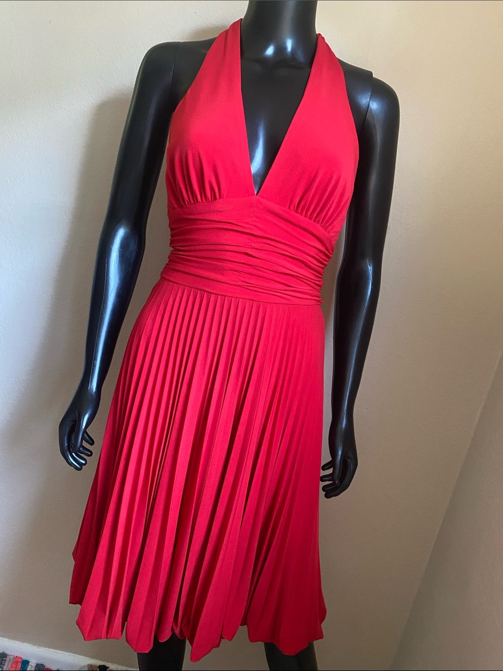 Cache Red Monroe Halter Pleated Midi Dress